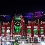 An illuminated view of local mosque at Mughalpura decorated with colorful lights in connection with Eid Milad-un-Nabi (PBUH) celebrations