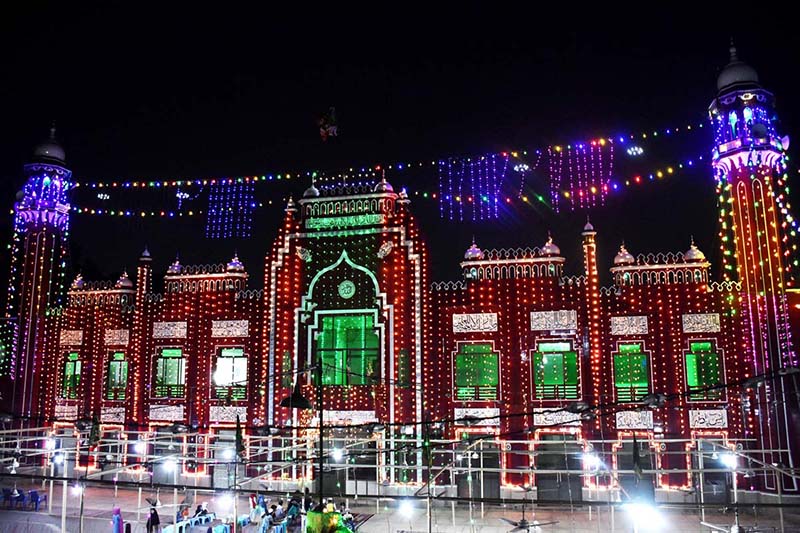 An illuminated view of local mosque at Mughalpura decorated with colorful lights in connection with Eid Milad-un-Nabi (PBUH) celebrations
