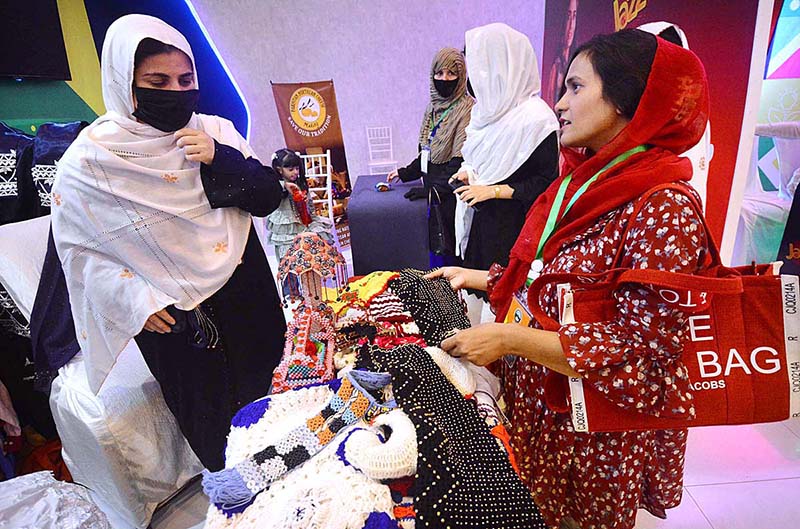 Female visitors taking interest in displayed stuff during Rural Youth Summit 2023 Digital Solution for Rural Youth
