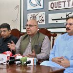 Provincial Minister for Information Jan Achakzai and Minister for Finance Amjad Rasheed addressing a press conference
