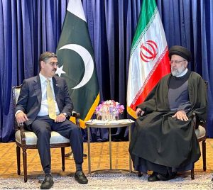 Caretaker Prime Minister Anwaar-ul-Haq Kakar meeting with the President of the Islamic Republic of Iran, Ebrahim Raisi on the sidelines of the 78th session of the United Nations General Assembly