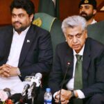 The Caretaker Federal Minister for Information & Broadcasting Murtaza Solangi addressing the press conference at Governor House Karachi. Governor Sindh kamran Khan Tessori also present on the occasion