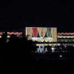 An illuminated view of Parliament house decorated with colorful lights in connection with Eid Milad-un-Nabi (PBUH) celebrations.