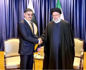 Caretaker Prime Minister Anwaar-ul-Haq Kakar meeting with the President of the Islamic Republic of Iran, Ebrahim Raisi on the sidelines of the 78th session of the United Nations General Assembly