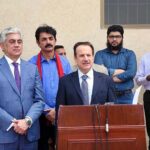 Dr. Nadeem Jan, Federal Health Minister talking to media during the inauguration of incinerator ceremony in Community Health Centre Kirpa