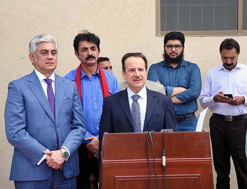 Dr. Nadeem Jan, Federal Health Minister talking to media during the inauguration of incinerator ceremony in Community Health Centre Kirpa