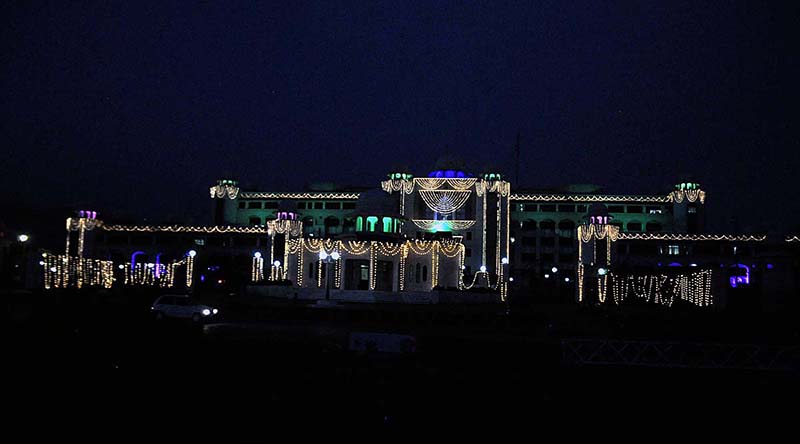 An illuminated view of decorated Pm Secretariat building with colorful lights in connection with Eid Milad-un-Nabi (PBUH) celebrations