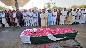 Funeral Prayer of Pakistan’s Navy Soldier Hussnain Haider offering at Tirkhana Wala Lalian District near Chiniot, The helicopter crashed during the flight at Gawadar "As a result of the crash, two officers and one Soldier of the Pakistan Navy embraced martyrdom
