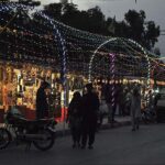 An illuminated view of colorful lights in connection with Eid Milad-un-Nabi (PBUH) celebrations.