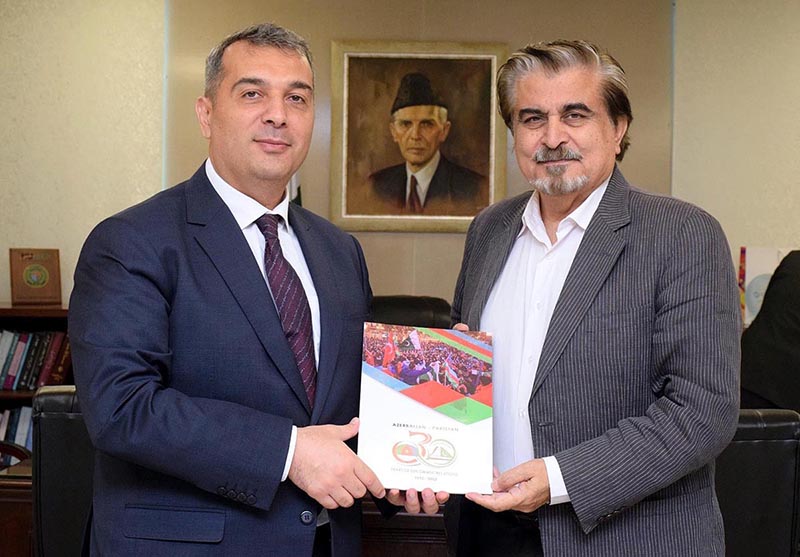 Caretaker Federal Minister for National Heritage & Culture, Jamal Shah presenting books to Ambassador of Azerbaijan, Khazar Farhadov