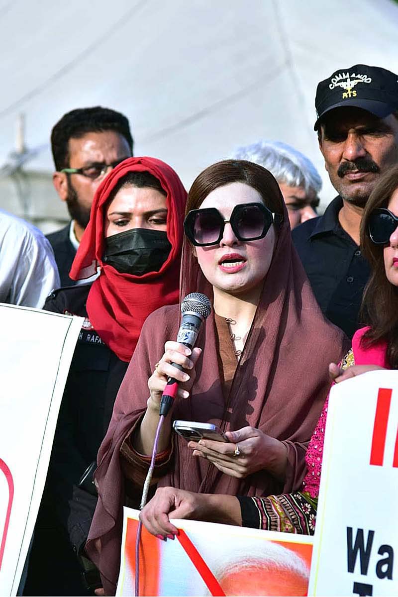 Special Assistant to the Prime Minister for Human Rights and Women Empowerment Ms. Mushaal Hussein Mullick talking to media during a protest against India