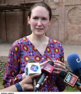 US Consul General Ambassador Ms. Kirsten Hawkins' being briefed about Pakistani cultural heritage sites by Wall City staff on the occasion of her visit to Lahore Fort.