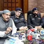 Caretaker Home Minister Sindh Brigadier (Rtd) Haris Nawaz along with IG Sindh Police Rif­fat Mukhtar Raja talks to the media at SSP Office