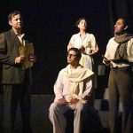 Artisits performing on stage during Drama titled “Kon hai ye gustakh” presenting in urdu language organized by Arts council at Ajoka Theatre