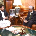 Caretaker Ministrer for Information and Broadcasting Mutaza Solangi calls on Sindh Governor, Kamran Khan Tessori at Governor House