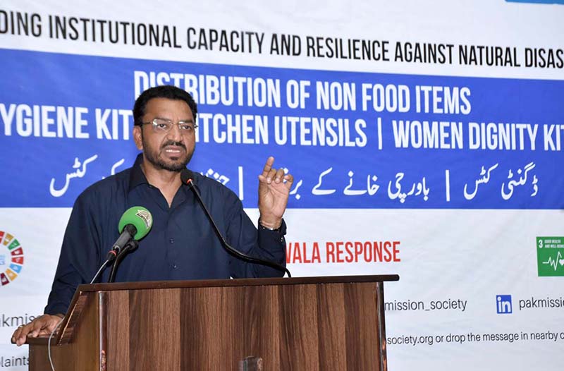 Caretaker Federal Minister for Human Rights and Women Empowerment, Khalil George, addressing the distribution ceremony of non food items to the Christian community in Jaranwala