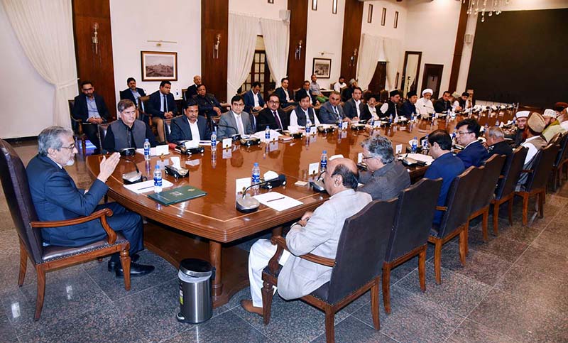 Caretaker Sindh Chief Minister Justice (retd) Maqbool Baqar presides over a joint meeting of Ulemas and divisional administration to finalize arrangements for 12th Rabi-ul-Awal at CM House
