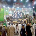 View of decorated Hashtnagri bazar with colorful lights to mark the Eid-e-Milad-un-Nabi (PBUH) celebrations in the city