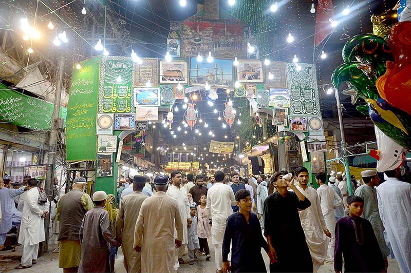 View of decorated Hashtnagri bazar with colorful lights to mark the Eid-e-Milad-un-Nabi (PBUH) celebrations in the city