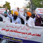 The Pakistani Sikh community is demonstrating outside the Lahore Press Club against the killing of Sikh leader Pradeep Singh in Canada.