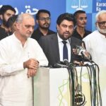 Sindh Governor Kamran Khan Tessori talking to media during his visit to Noorul Haq