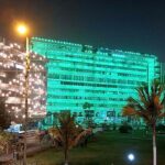 An illuminated view of decorated Civic Center building with colorful lights in connection with Eid Milad-un-Nabi (PBUH) celebrations