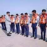 Commander JNB Cdre Misbah Ul Amin interacts with students of Bahria College during their visit to Jinnah Naval Base Ormara on commemoration of 58th Navy Day