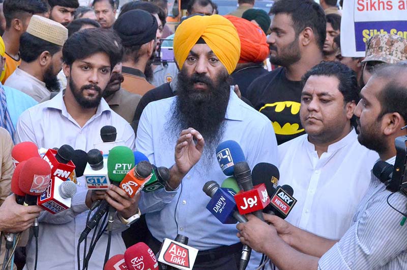 The Pakistani Sikh community is demonstrating outside the Lahore Press Club against the killing of Sikh leader Pradeep Singh in Canada