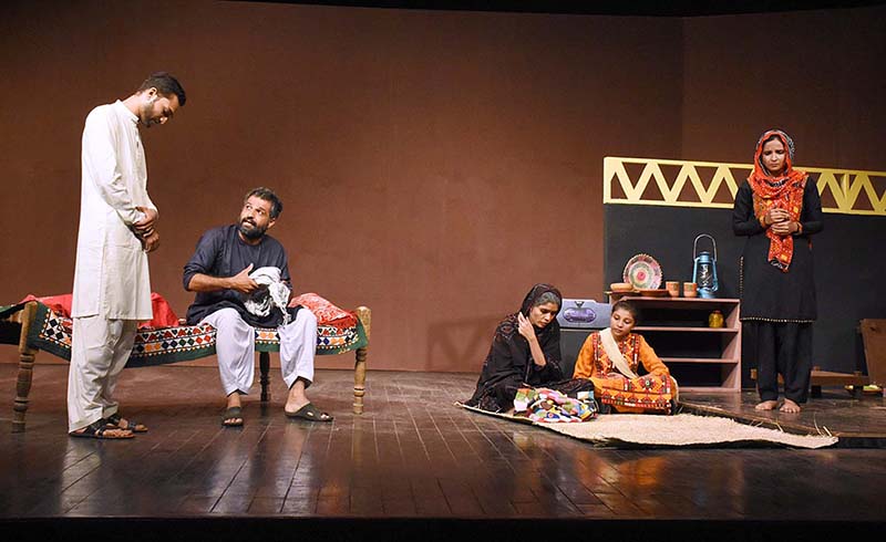 Artists performing in a theatre play “SAY NO” during Pakistan Teatre Festival 2023 at Arts Council of Pakistan.