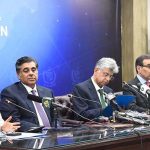 Caretaker Federal Minister for Finance, Shamshad Akhtar addressing a press conference along with Caretaker Federal Minister for Information and Broadcasting, Murtaza Solangi, Caretaker Minister for Energy, Mr Muhammad Ali and Caretaker Federal Minister for Commerce, Gohar Ijaz