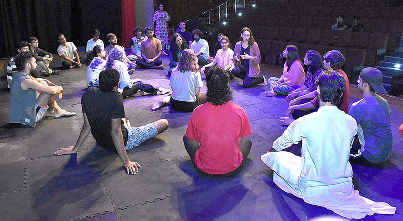 Aritists performing in a play “Biwi Ho Tho Aisi’ during Pakistan Theatre Festival 2023 organised by Arts Council of Pakistan Karachi