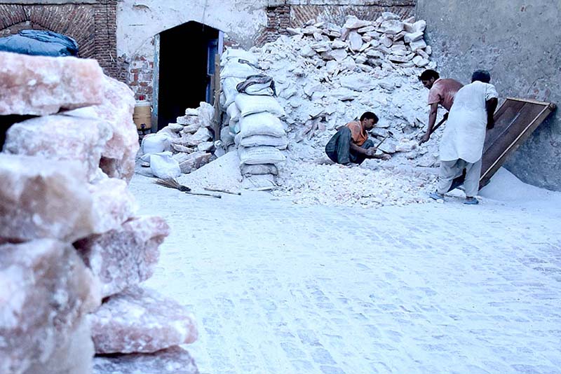 Labourers prossesing Pink Rock Salt at their work place in the city