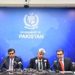 Caretaker Minister for Energy, Muhammad Ali addressing a press conference along with Caretaker Federal Minister for Information and Broadcasting, Murtaza Solangi Caretaker Federal Minister for Finance, Ms. Shamshad Akhtar and Caretaker Federal Minister for Commerce, Gohar Ijaz
