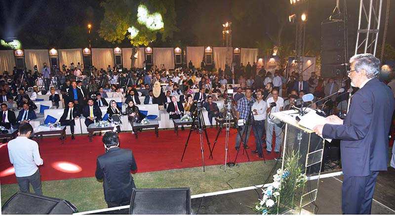 Sindh Chief Minsiter Justice (Retd) Maqbool Baqir speaks at World Tourism Day organized by Culture Department at Mohatta Palace