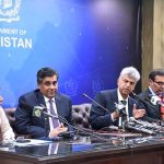 Caretaker Federal Minister for Information and Broadcasting, Murtaza Solangi, addressing a press conference along with Caretaker Federal Minister for Finance, Ms. Shamshad Akhtar, Caretaker Minister for Energy, Mr Muhammad Ali and Caretaker Federal Minister for Commerce, Gohar Ijaz