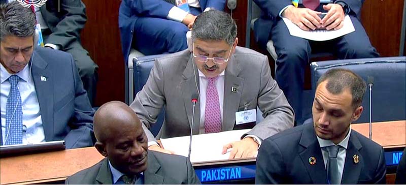 Caretaker Prime Minister Anwaar-ul-Haq Kakar addressing the conference on "Pandemic Prevention, Preparedness and Response" held on the sidelines of 78th session of the United Nations General Assembly