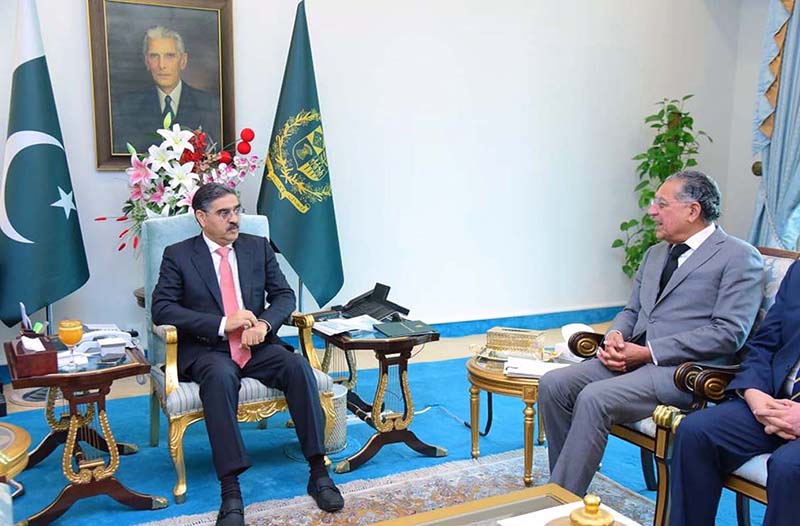 Permanent Representative of Pakistan to UN, Munir Akram calls on caretaker Prime Minister Anwaar-ul-Haq Kakar.