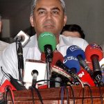 Caretaker Chief Minister Mohsin Naqvi addressing a news conference at Children Complex