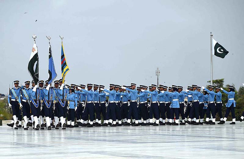Pakistan Air Force cadets march past at mausoleum of Quaid-e-Azam Muhammad Ali Jinnah on the occasion of Defence Day celebrated across the country