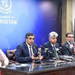 Caretaker Federal Minister for Commerce, Gohar Ijaz addressing a press conference along with Caretaker Federal Minister for Information and Broadcasting, Murtaza Solangi, Caretaker Federal Minister for Finance, Ms. Shamshad Akhtar and Caretaker Minister for Energy, Mr Muhammad Ali.