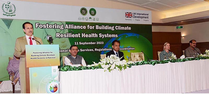Caretaker Federal Minister for National Health Services Regulations and Coordination, Dr. Nadeem Jan addressing a Seminar regarding Climate Resilient Health Systems