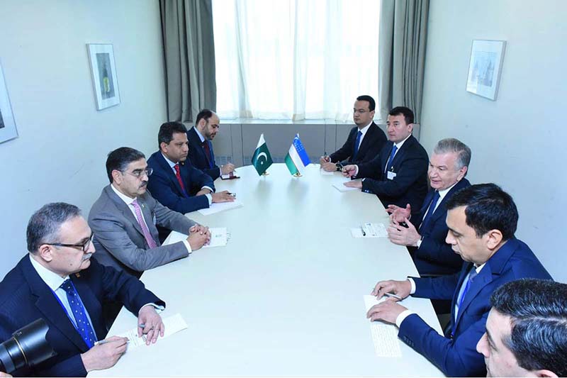 Caretaker Prime Minister Anwaar-ul-Haq Kakar meets with the President of Uzbekistan, Shavkat Mirziyoyev on the sidelines of 78th session of United Nations General Assembly
