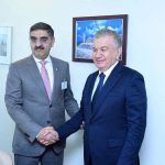 Caretaker Prime Minister Anwaar-ul-Haq Kakar meets with the President of Uzbekistan, Shavkat Mirziyoyev on the sidelines of 78th session of United Nations General Assembly
