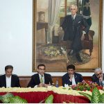 Caretaker Federal Minister for Energy Muhammad Ali addressing the members of Karachi Chambers of Commerce & Industries (KCCI) at Governor House. Governor Sindh Kamran Tissori also present on the occasion