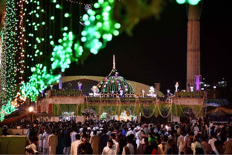 A large number of people attend the Urs celebration as the Data Darbar is decorated with colorful lights in connection with 980th Urs celebrations of Data Ali Hajveri