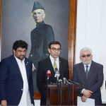 Caretaker Federal Minister for Energy Muhammad Ali addressing the members of Karachi Chambers of Commerce & Industries (KCCI) at Governor House. Governor Sindh Kamran Tissori also present on the occasion