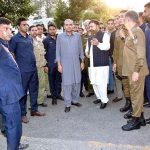 Federal Interior Minister Sarfaraz Bugti is talking to Punjab Chief Minister Mohsin Naqvi while attending the funeral prayer of Interior Secretary Mr. Abdullah Khan Sambal at Habib Masjid Tufail Road