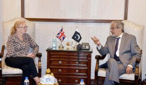 Sindh Caretaker Chief Minister Justice (Retd) Maqbool Baqar meets with British Deputy High Commissioner Ms. Sarah Mooney at CM House
