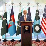 Ambassador Masood Khan speaks during a ceremony to mark ‘Defence and Martyr’s Day’ of Pakistan which is observed every year to pay tribute to those valiant sons of the soil who laid down their lives while protecting the sanctity of the motherland against a blatant act of aggression in 1965