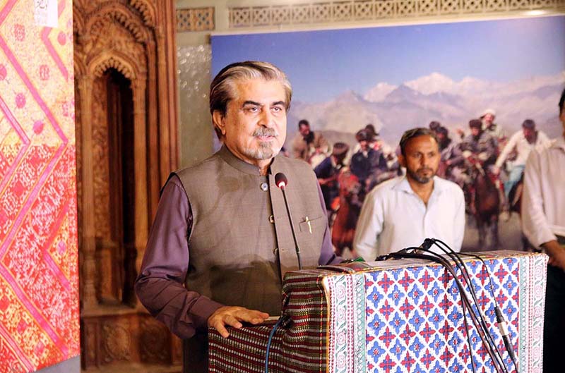 Caretaker Federal Minister for National Heritage and Culture, Jamal Shah addresses the concluding ceremony of three-day exhibition organized in connection with Pakistan Defence Day at Lok Virsa Heritage Museum